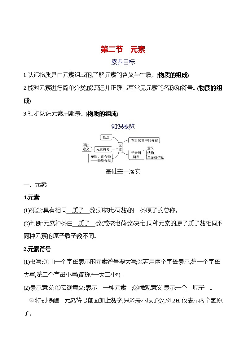 第二单元   第二节　元素 学案 ---2024--2025学年九年级化学鲁教版（2024）上册01