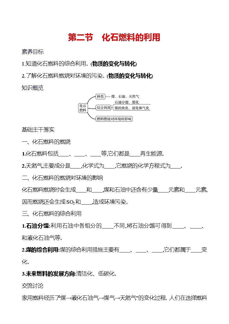 第六单元　第二节　化石燃料的利用 学案 (学生版)---2024--2025学年九年级化学鲁教版（2024）上册第1页