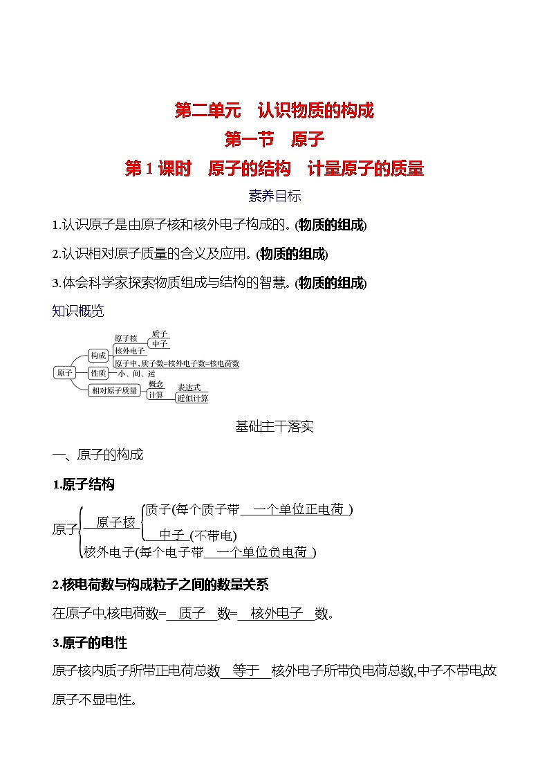 第二单元　第一节　第1课时　原子的结构　计量原子的质量 学案 ---2024--2025学年九年级化学鲁教版（2024）上册01