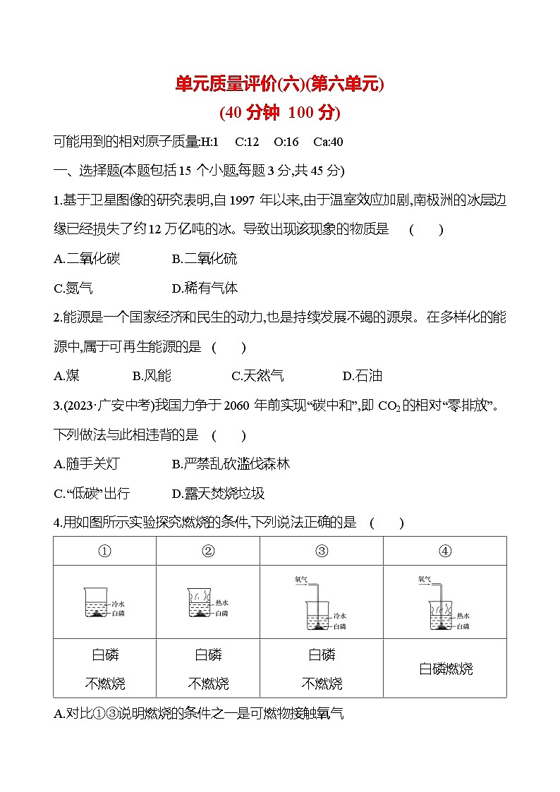 单元质量评价(六)(第六单元) 试卷 (学生版)---2024--2025学年九年级化学鲁教版（2024）上册第1页