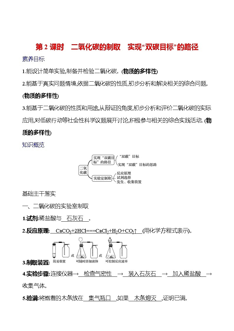 第六单元　第三节　第2课时　二氧化碳的制取　实现“双碳目标”的路径 学案 (教师版)---2024--2025学年九年级化学鲁教版（2024）上册第1页