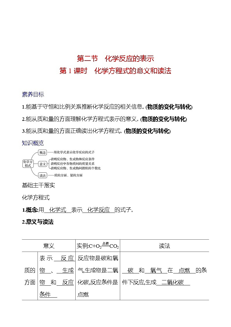 第五单元　第二节　第1课时　化学方程式的意义和读法 学案 (教师版)---2024--2025学年九年级化学鲁教版（2024）上册第1页
