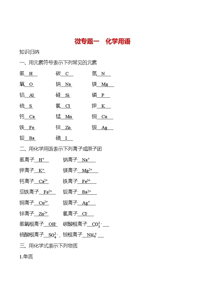 微专题一　化学用语 学案 (教师版)---2024--2025学年九年级化学鲁教版（2024）上册第1页