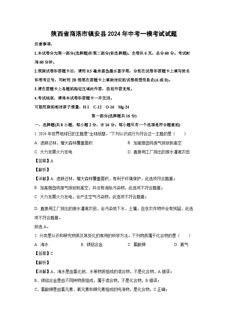 [化学][一模]陕西省商洛市镇安县2024年中考考试试题(解析版)01