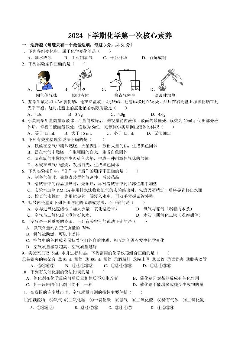 湖南省衡阳市博雅学校2024--2025学年九年级上学期第一次月考化学试题01