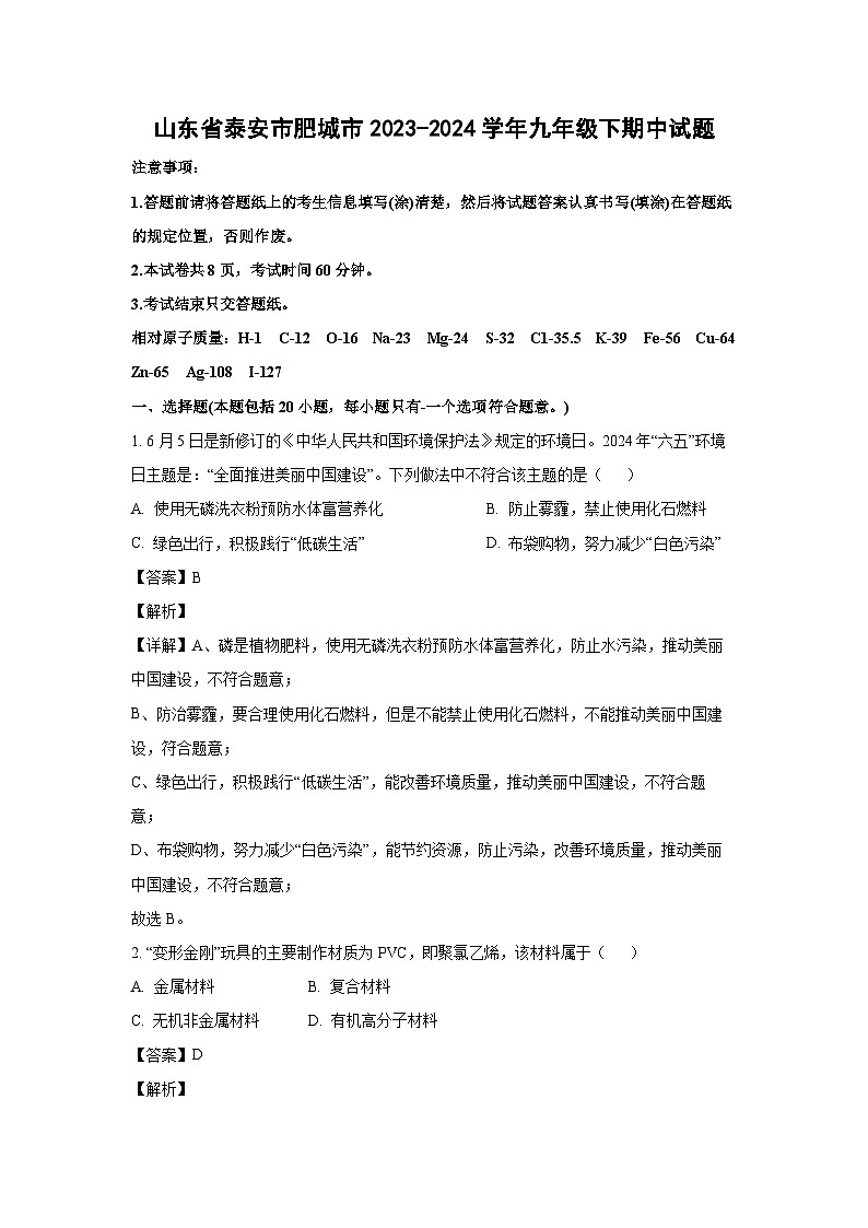 [化学][期中]山东省泰安市肥城市2023-2024学年九年级下期中试题(解析版)01
