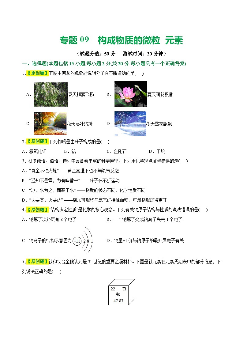 专题09 构成物质的微粒 元素（测试）-中考化学一轮复习讲练测（全国通用）（原卷版）第1页