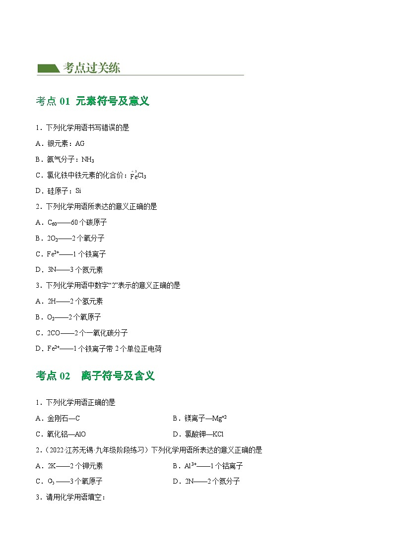 专题10 化学式与化学用语（练习）-中考化学一轮复习讲练测（全国通用）（原卷版）02