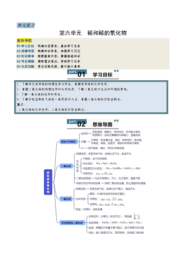 人教版(2024)2024-2025学年九年级化学上册提升讲义6.4第六单元碳和碳的氧化物(单元复习学案)(学生版+解析)01