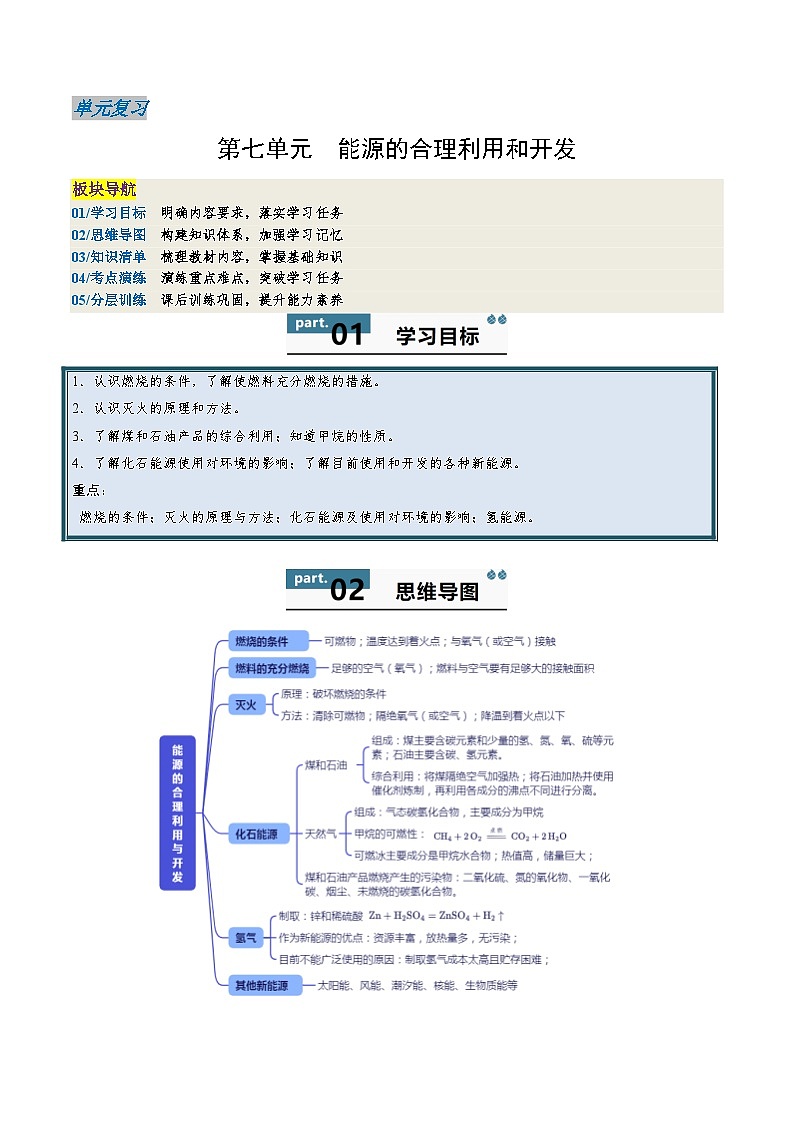 人教版(2024)2024-2025学年九年级化学上册提升讲义7.3第七单元能源的合理利用和开发(单元复习学案)(学生版+解析)01