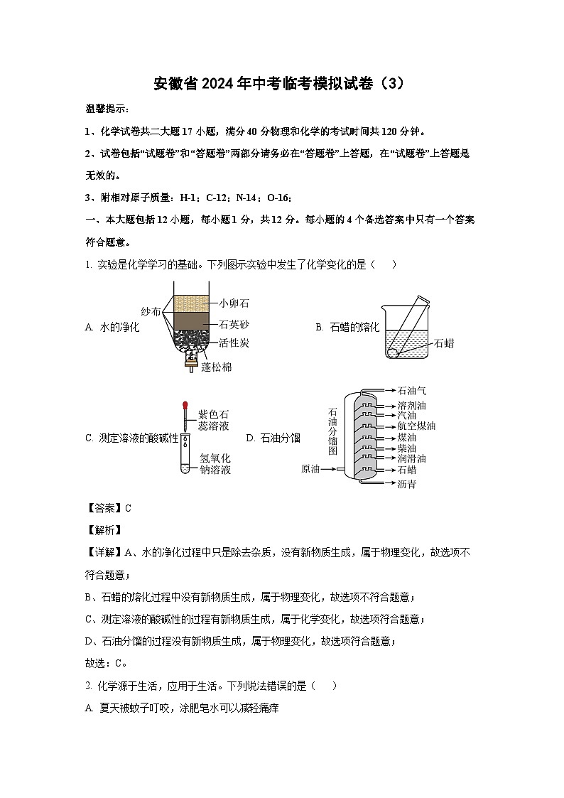[化学]安徽省2024年中考临考模拟试卷(3)(解析版)01