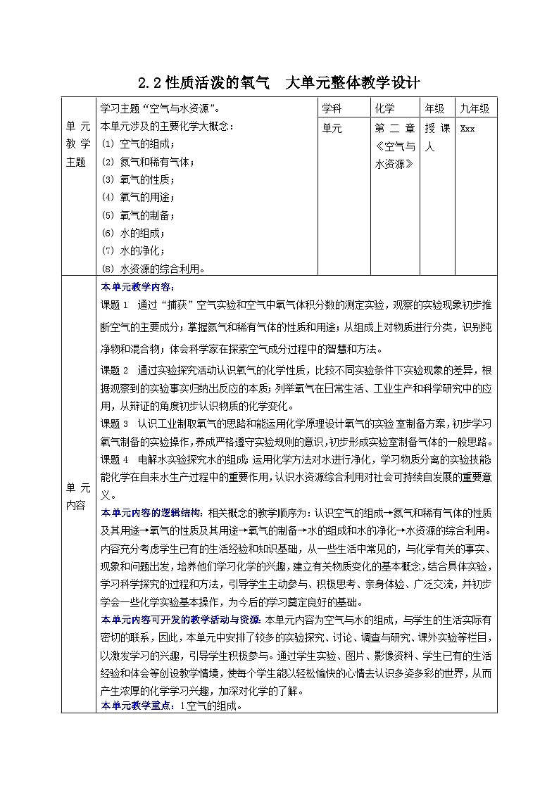 【大单元整体教学】沪教版（全国）化学九年级上册 2.2性质活泼的氧气 课件+教学设计01
