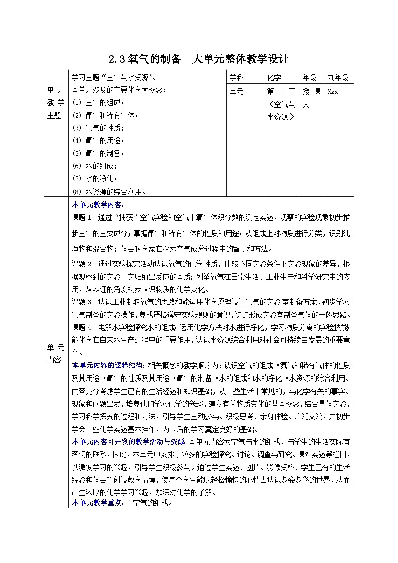 【大单元整体教学】沪教版（全国）化学九年级上册 2.3氧气的制备 课件+教学设计01