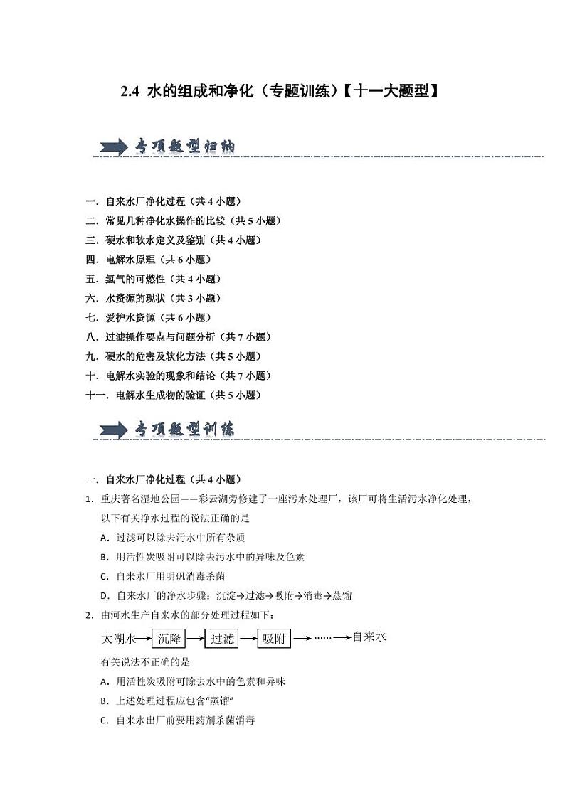2.4 水的组成和净化（专题训练）（学生版） 2024-2025学年九年级化学上册同步知识解读与专题训练（沪教版2024）第1页