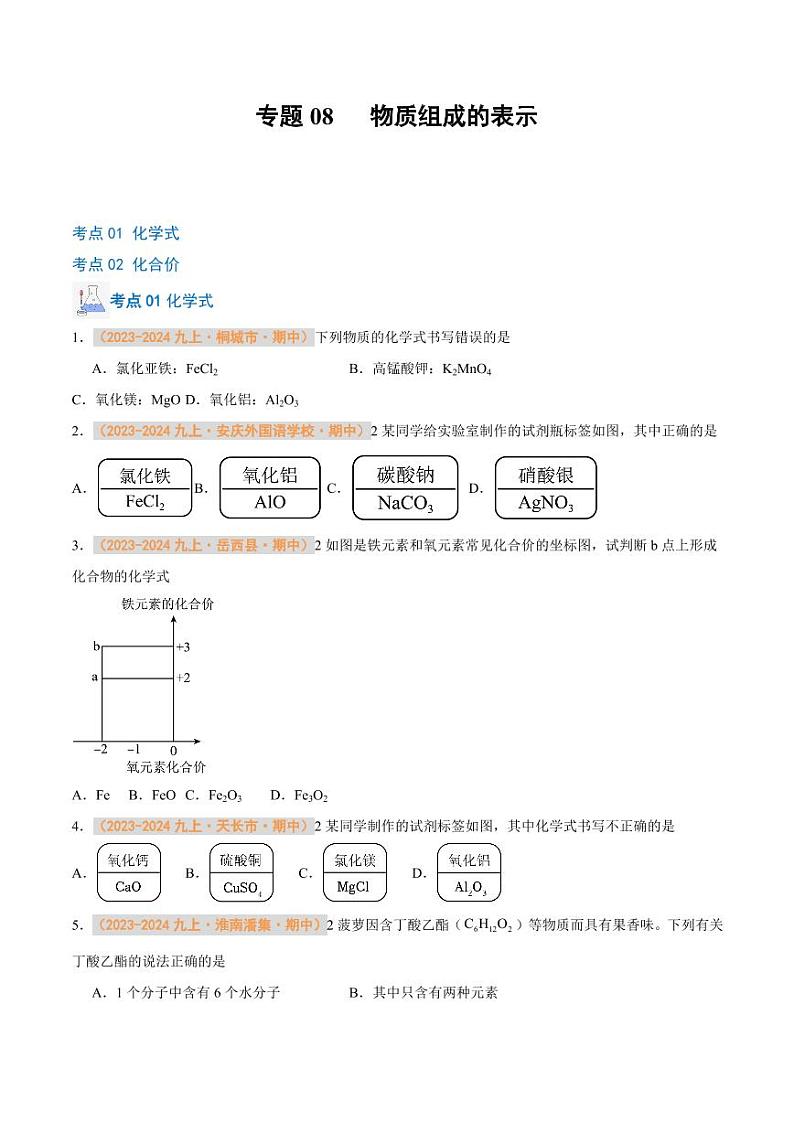 专题08 物质组成的表示（含答案） 备战2024-2025学年九年级化学上学期期中真题分类汇编 练习（安徽专用）01