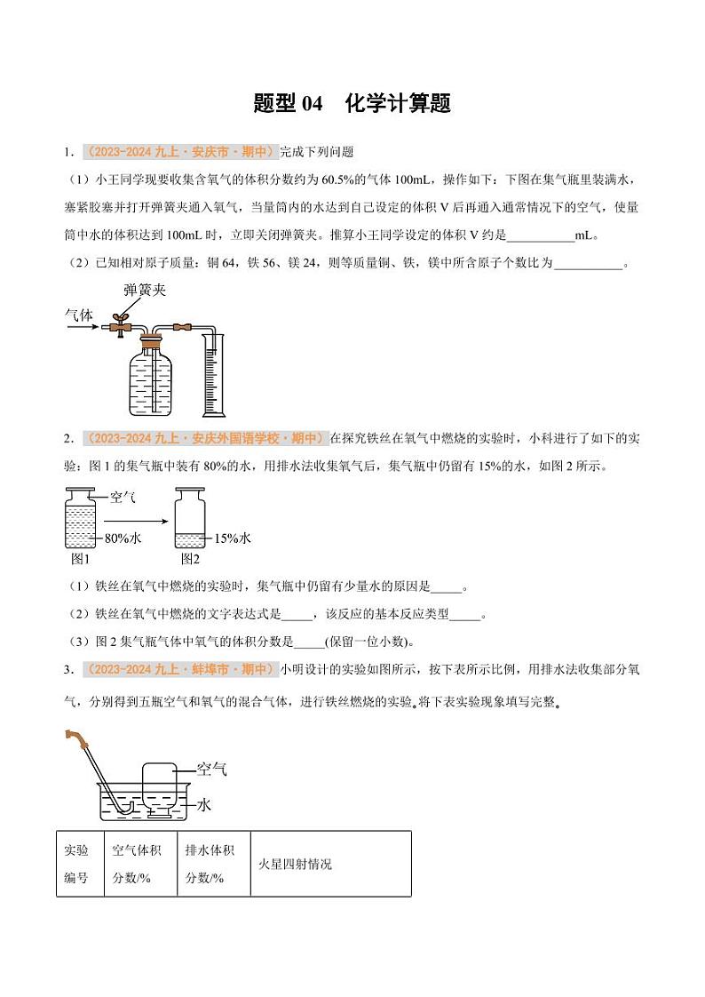 题型04 化学计算题（含答案） 备战2024-2025学年九年级化学上学期期中真题分类汇编 练习（安徽专用）01