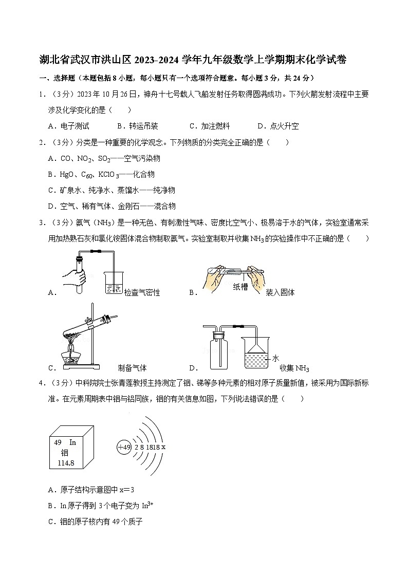 湖北省武汉市洪山区2023-2024学年九年级上学期期末化学试卷01