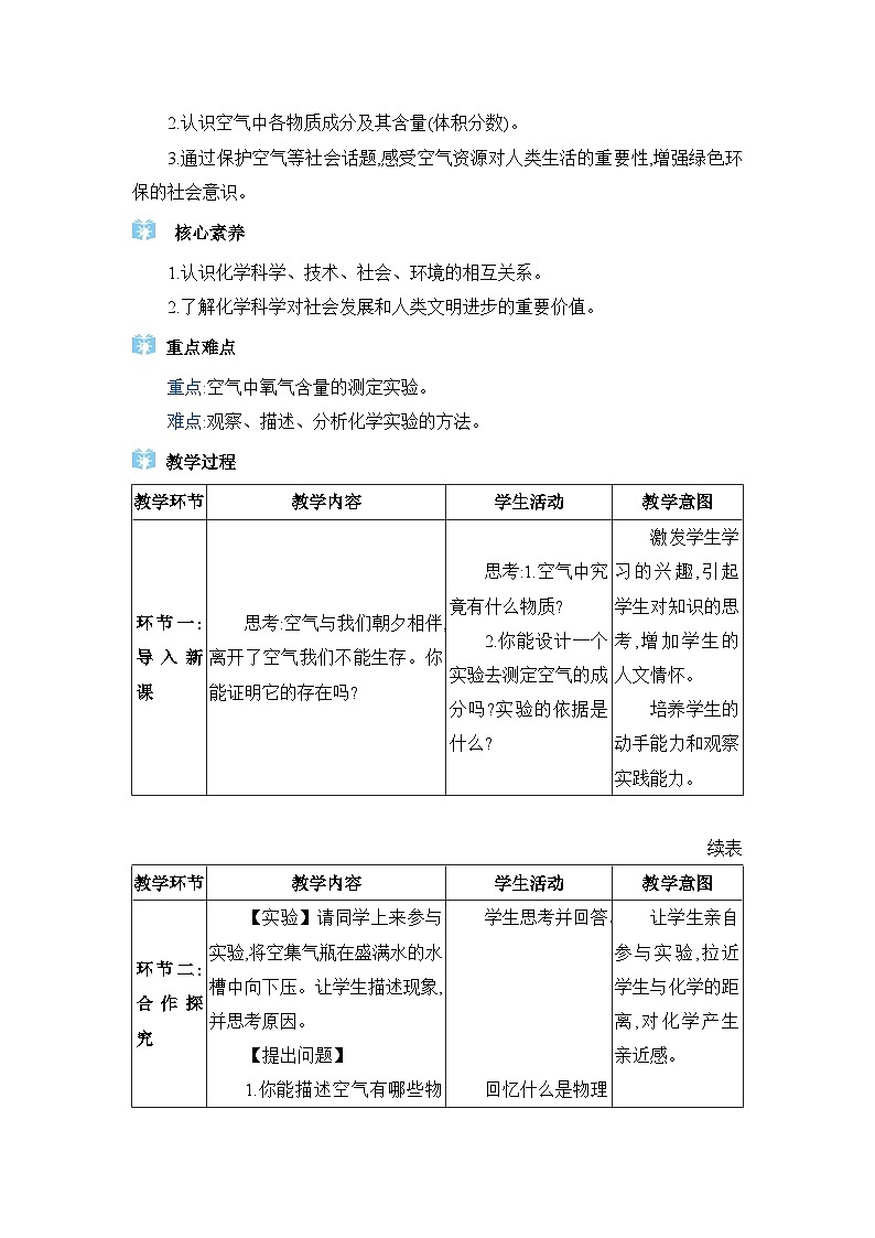 人教版（2024）九年级化学上册第二单元空气和氧气课题1我们周围的空气教案02
