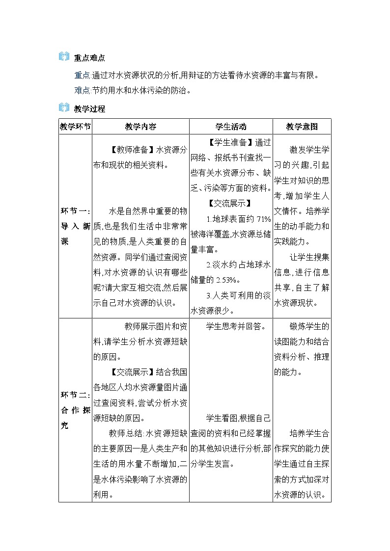 人教版（2024）九年级化学上册第四单元自然界的水课题1水资源及其利用教案02
