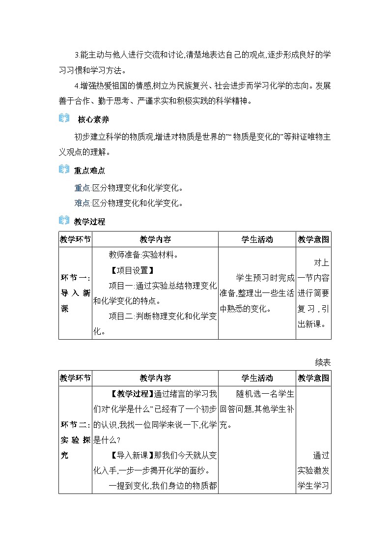 人教版（2024）九年级化学上册第一单元走进化学世界课题1物质的变化和性质教案02