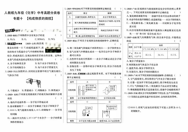 人教版九年级《化学》中考真题分类卷【专题十   构成物质的微粒】第1页