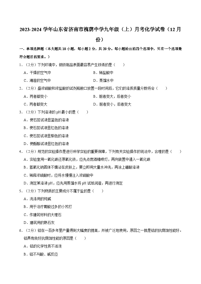 山东省济南市槐荫中学2023-2024学年九年级上学期12月月考化学试题第1页