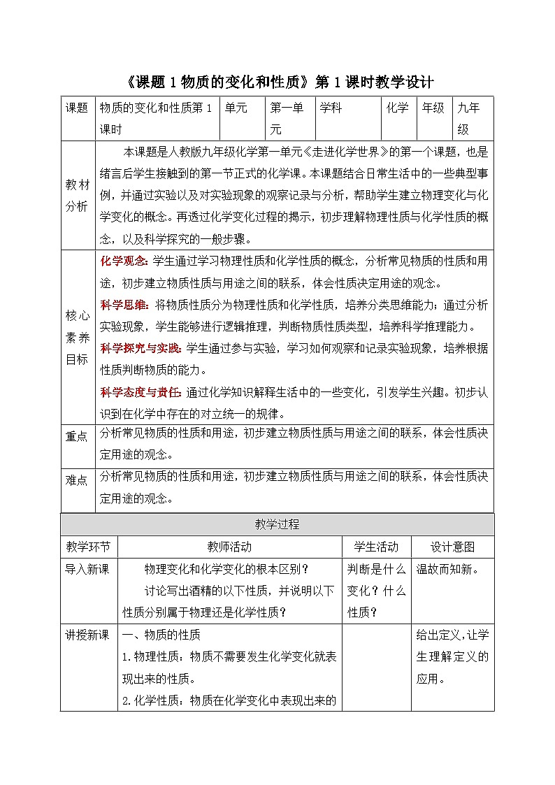 【核心素养】人教版化学九上第1单元课题1 物质的变化和性质第2课时 物质的性质 课件+教学设计+分层练习01