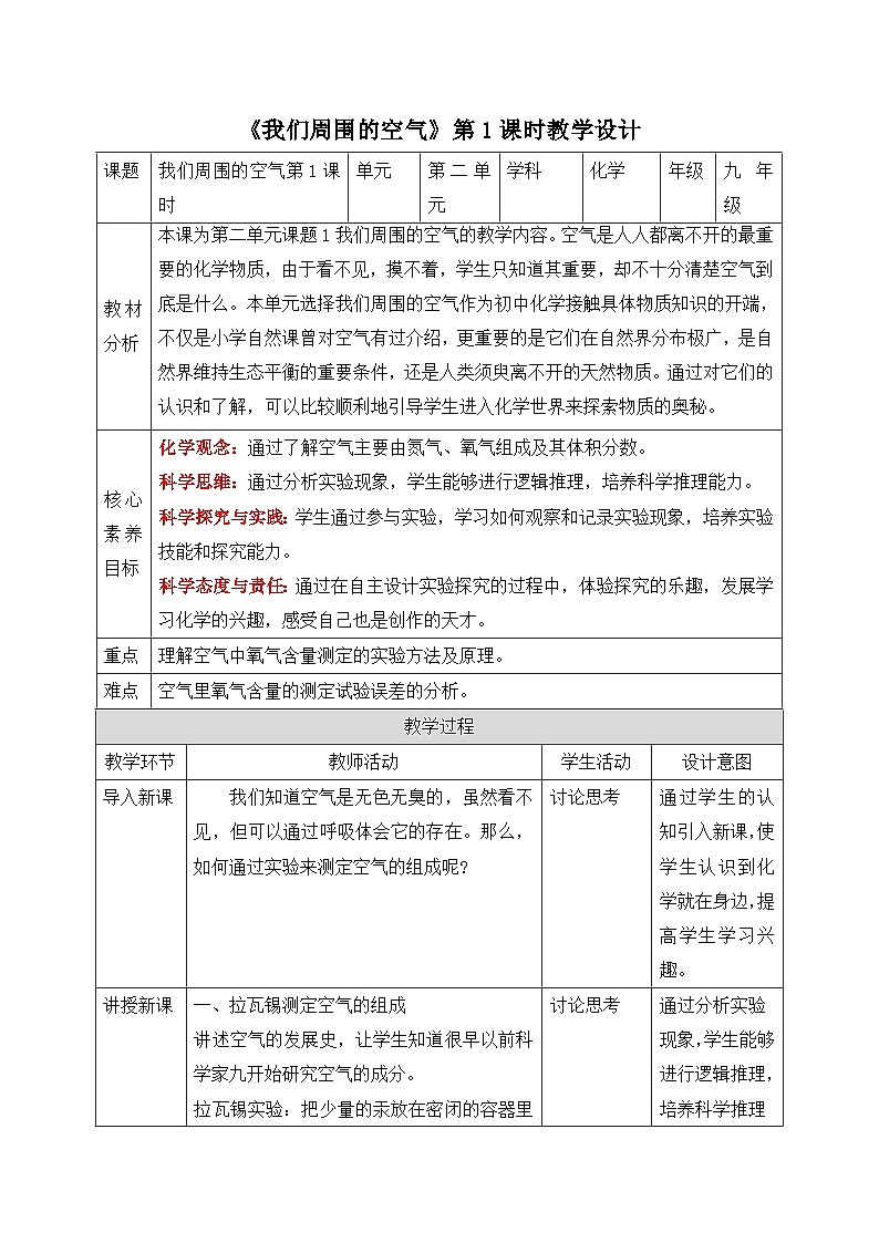 【核心素养】人教版化学九上第2单元课题1 我们周围的空气 第1课时 空气的组成 课件+教学设计+分层练习01