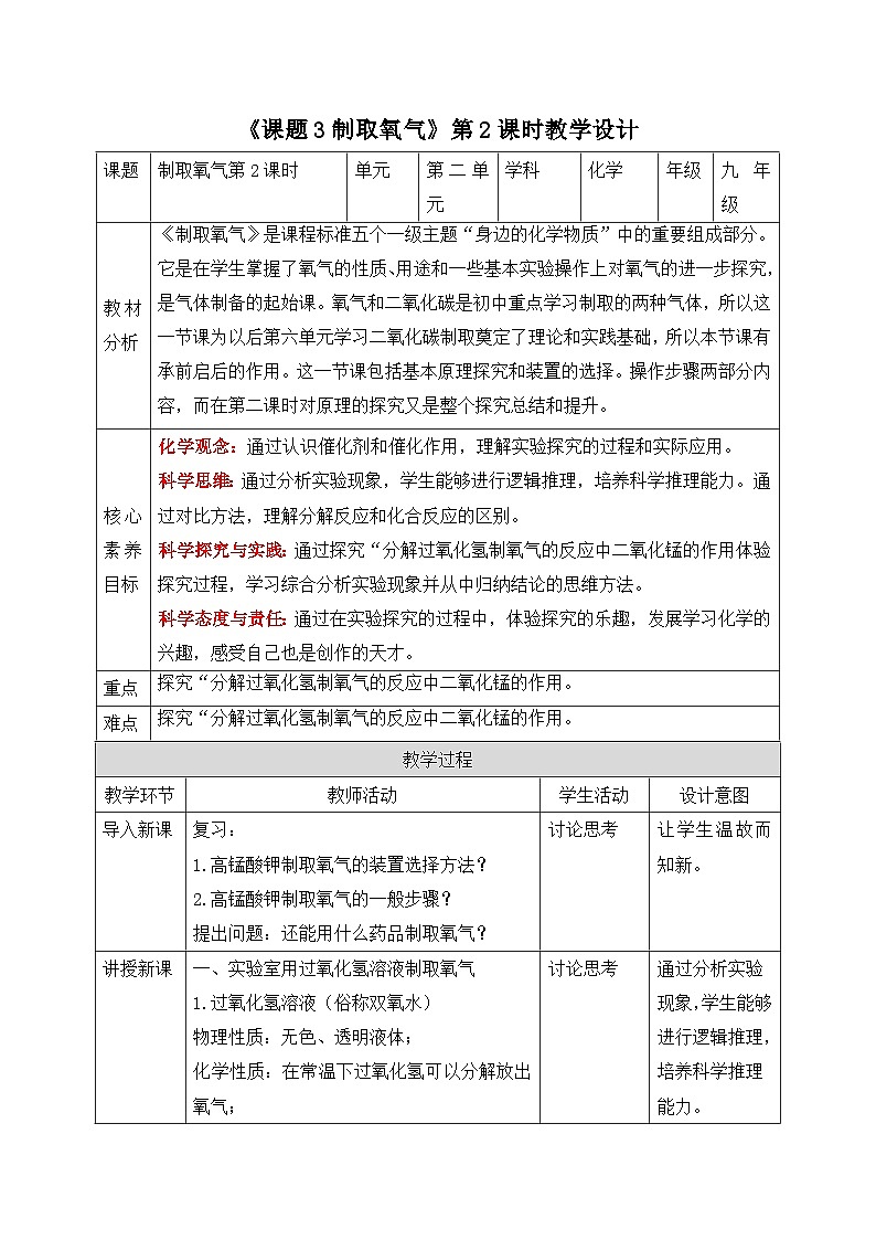 【核心素养】人教版化学九上第2单元课题3 制取氧气 第2课时 过氧化氢溶液制取氧气 课件+教学设计+分层练习01
