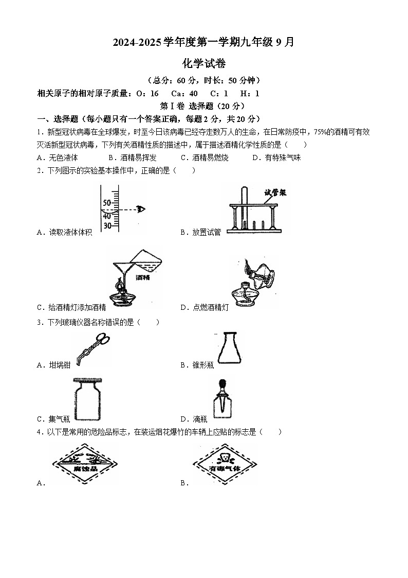 江苏省沭阳县怀文中学2024-2025学年九年级上学期9月化学月考试卷第1页