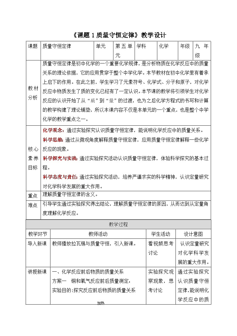 【核心素养】人教版化学九上第5单元课题1质量守恒定律 课件+教学设计+分层练习01