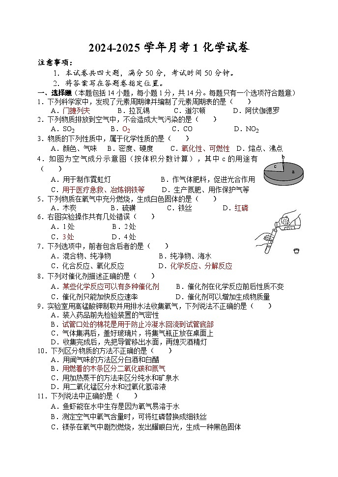 河南省第二实验中学2024-2025学年九年级上学期第一次月考化学试题01