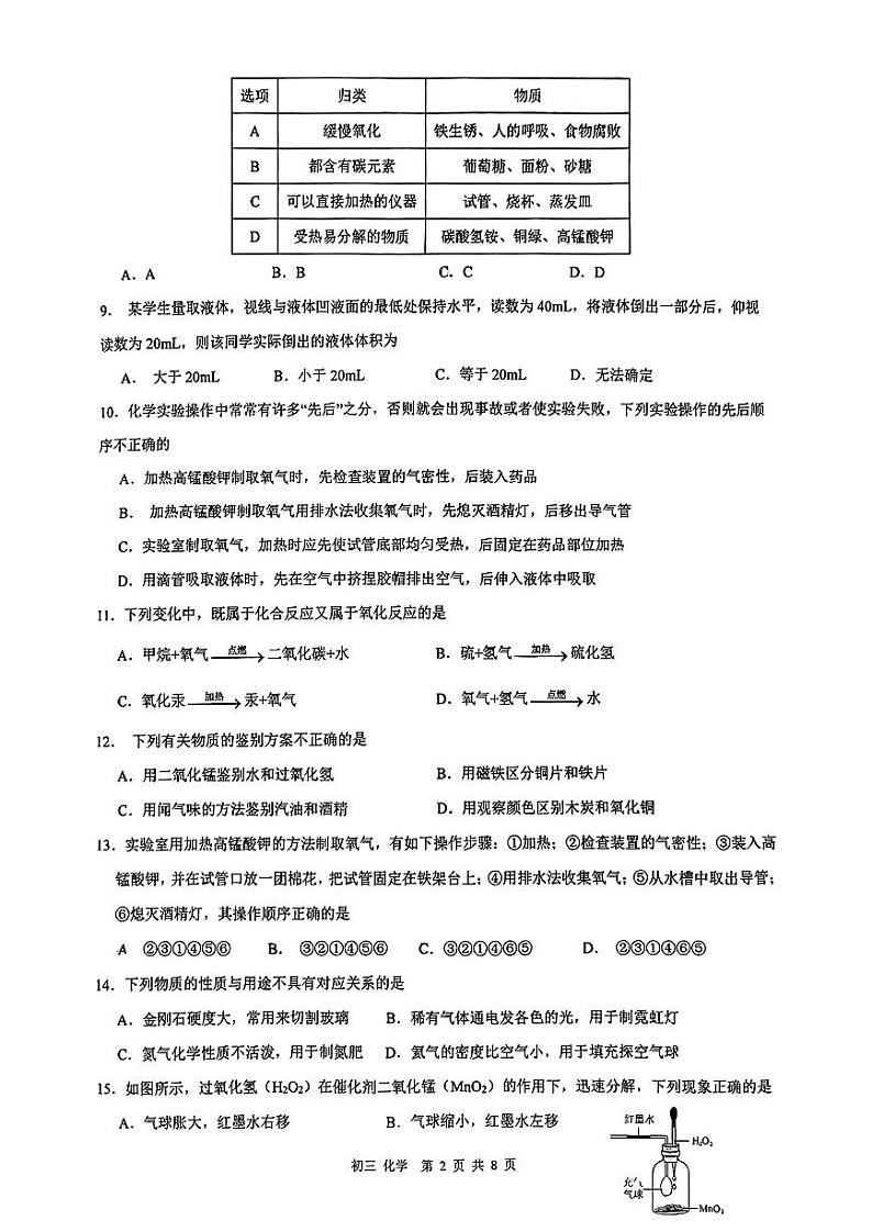 江苏省苏州市立达中学2024-2025学年九年级上学期09月阶段检测化学试卷02