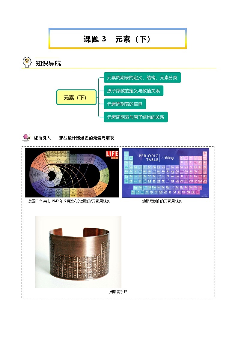 人教版九年级化学上册同步精品讲义课题3元素(下)讲义(学生版+解析)第1页