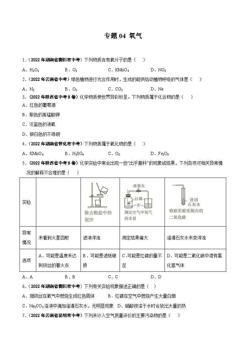 中考化学真题分项汇编(全国通用)(第01期)专题04氧气真题特训(原卷版+解析)第1页