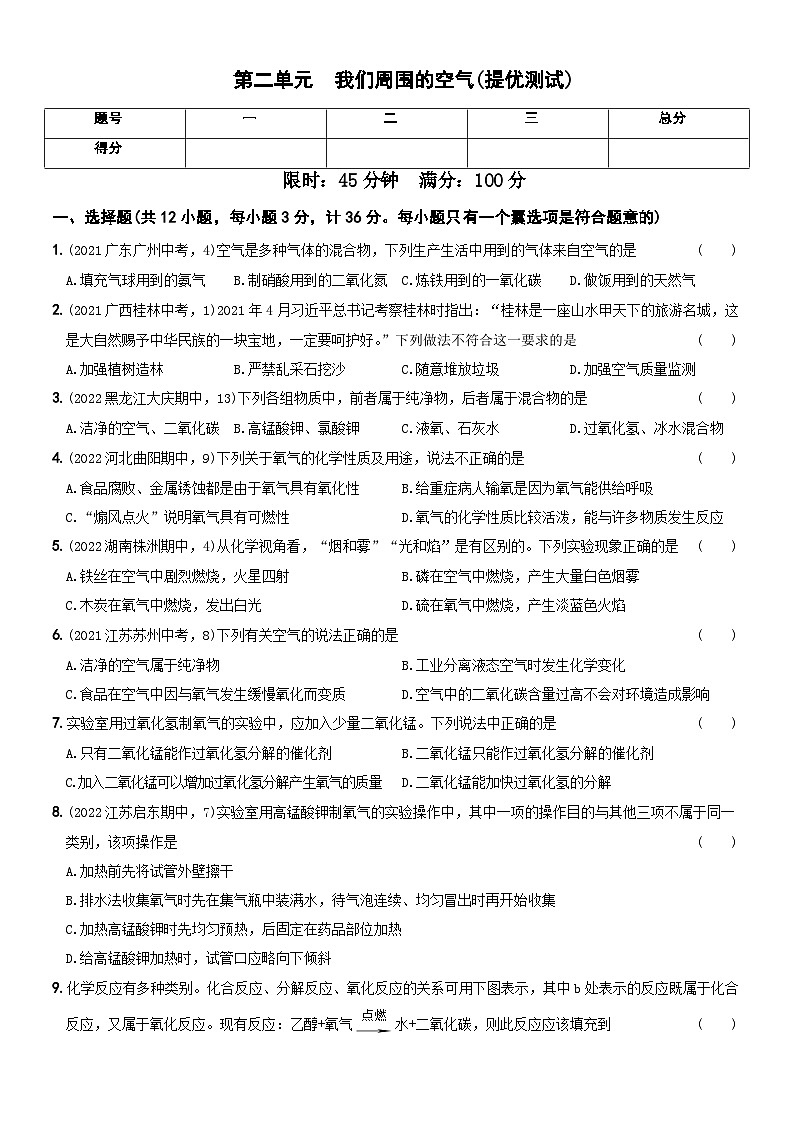 人教版九年级化学上册期中期末考前集训〖卷03】第二单元提优测试(原卷版+解析)01