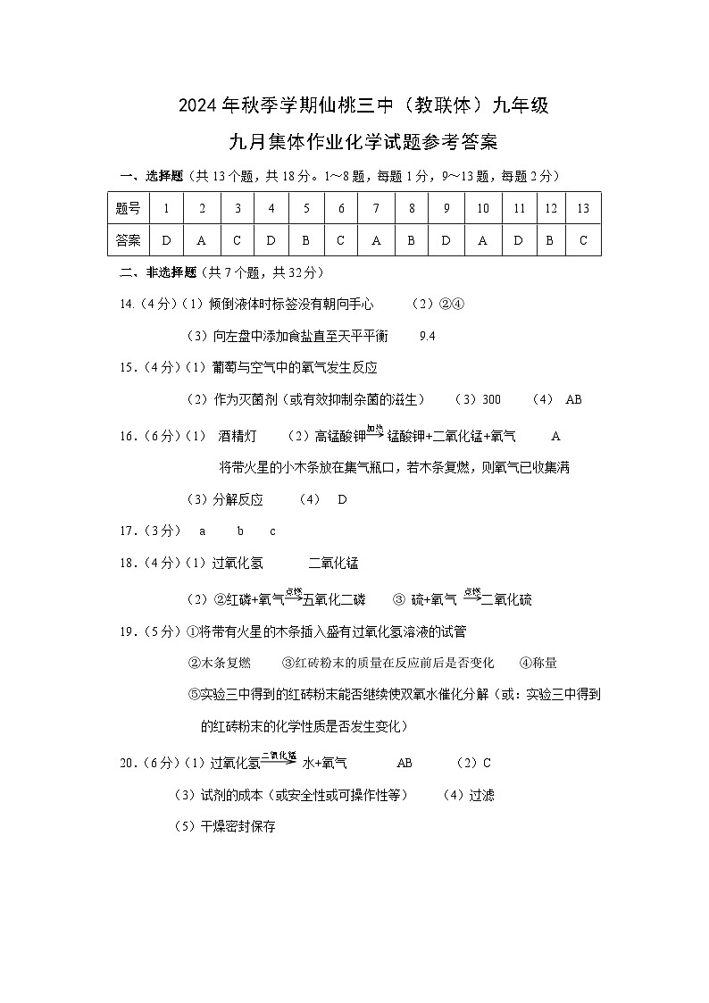 2024年秋季学期化学参考答案第1页