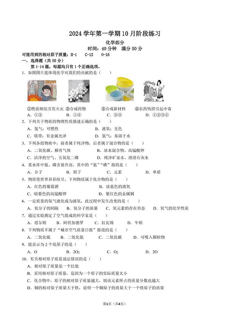 上海市浦东新区建平南汇实验学校2024-2025学年九年级10月阶段练习化学试题第1页