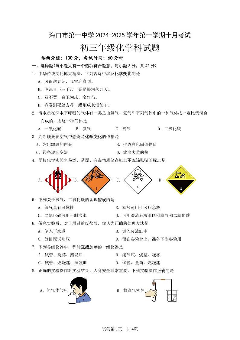 海南省海口市第一中学2024-2025学年九年级上学期10月月考化学试题01