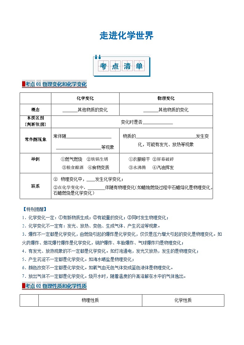 2024人教版初中九年级上册化学  第一单元  走进化学世界复习（考点清单）学案01
