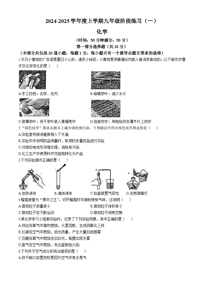 辽宁省沈阳市杏坛中学2024-2025学年九年级上学期10月月考化学试题第1页
