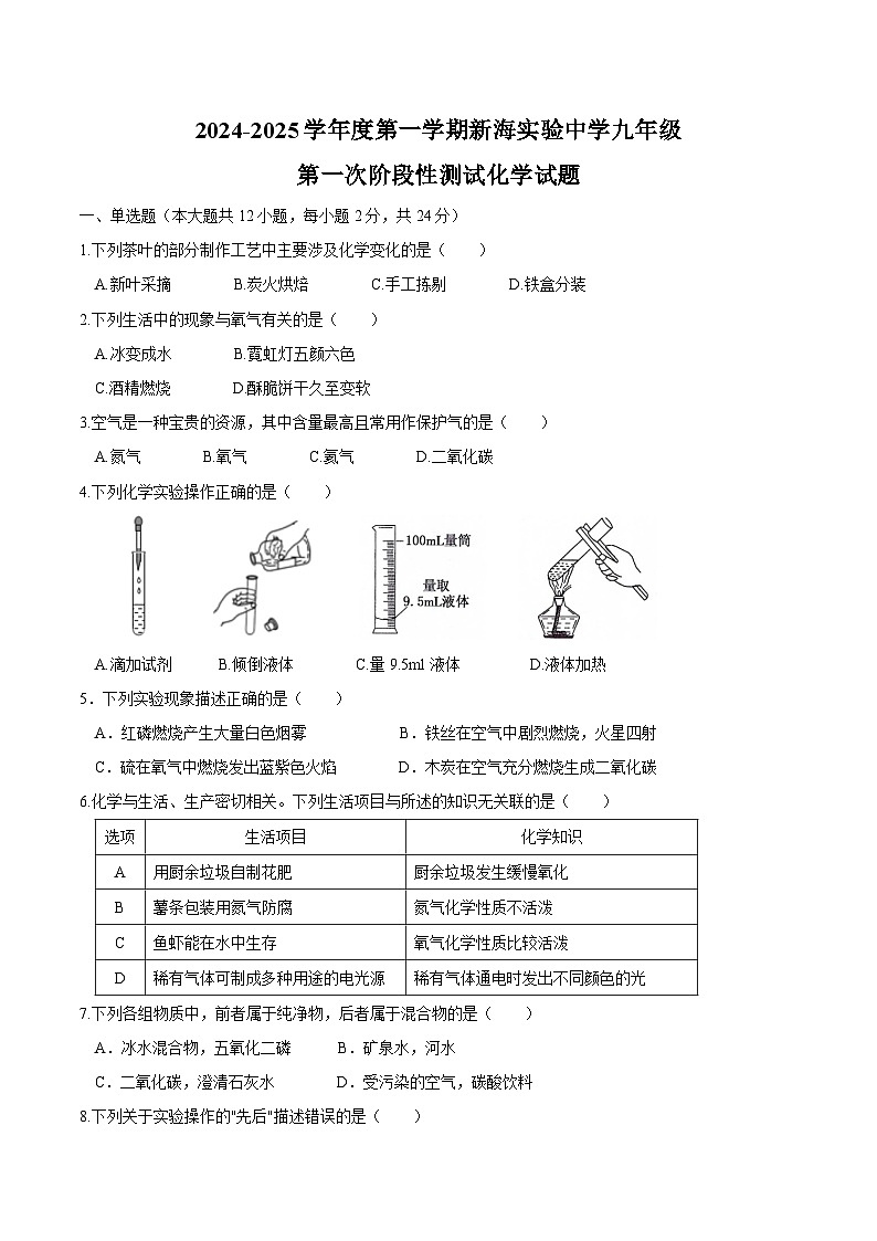 江苏省连云港市新海实验中学2024-2025学年九年级上学期第一次月考化学试题第1页