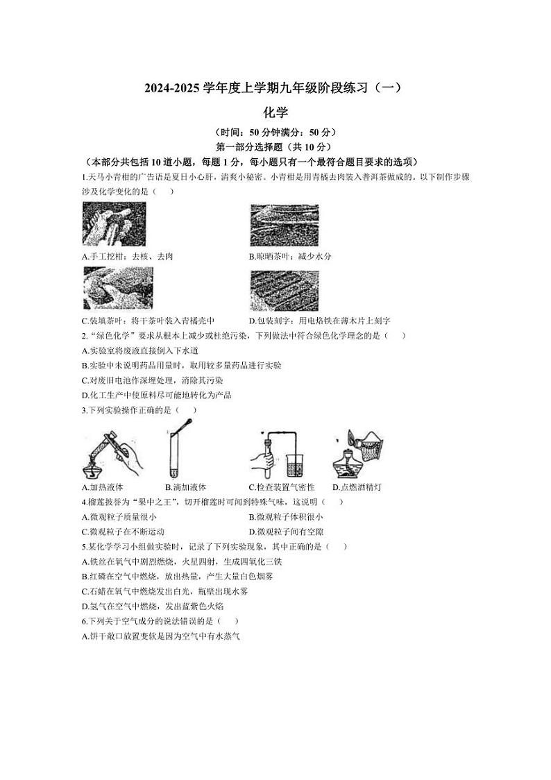 [化学]辽宁省沈阳市杏坛中学2024～2025学年九年级上学期10月月考试题(含答案)第1页