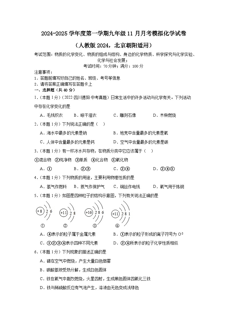 北京市朝阳区2024-2025学年九年级上学期11月月考模拟考试化学试卷第1页