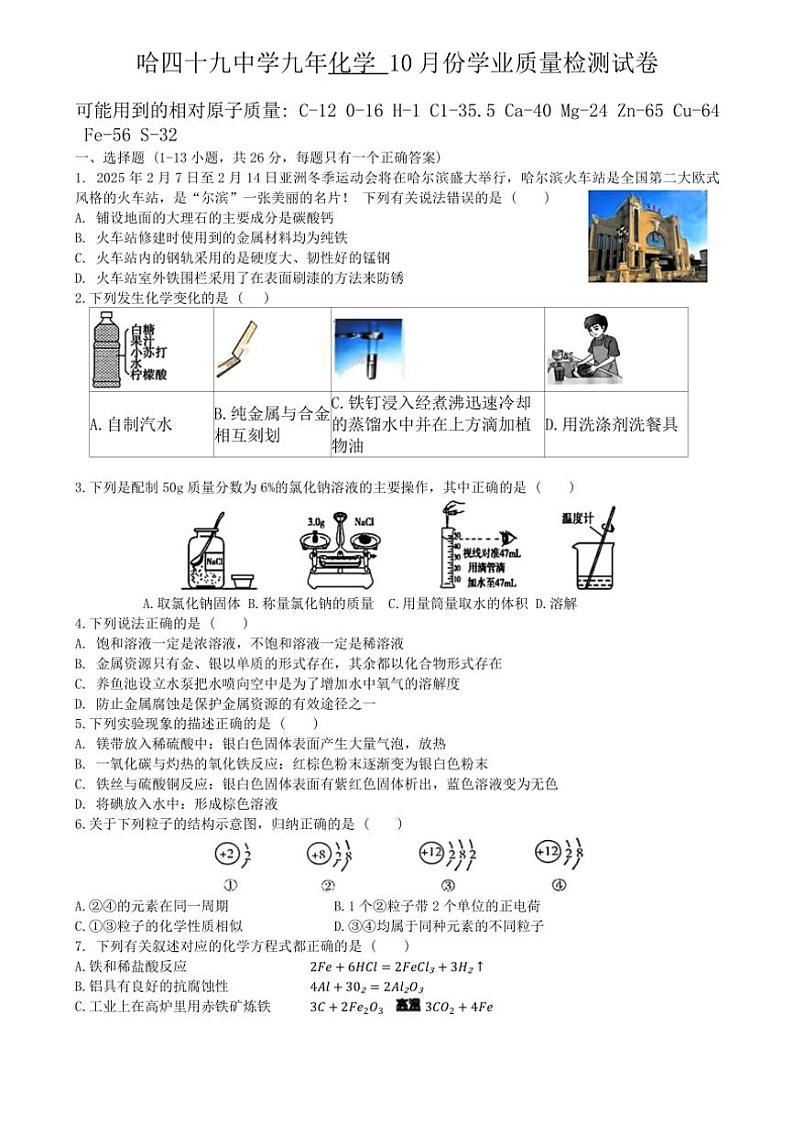 [化学]黑龙江省哈尔滨市第四十九中学2024～2025学年九年级上学期10月月考试题(有答案)01