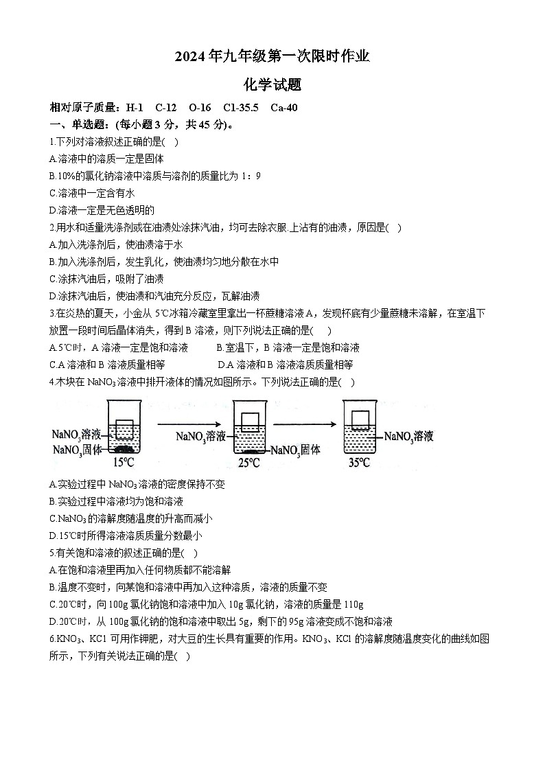 山东省东营市广饶县广饶县实验中学2024-2025学年九年级上学期10月月考化学试题(无答案)01