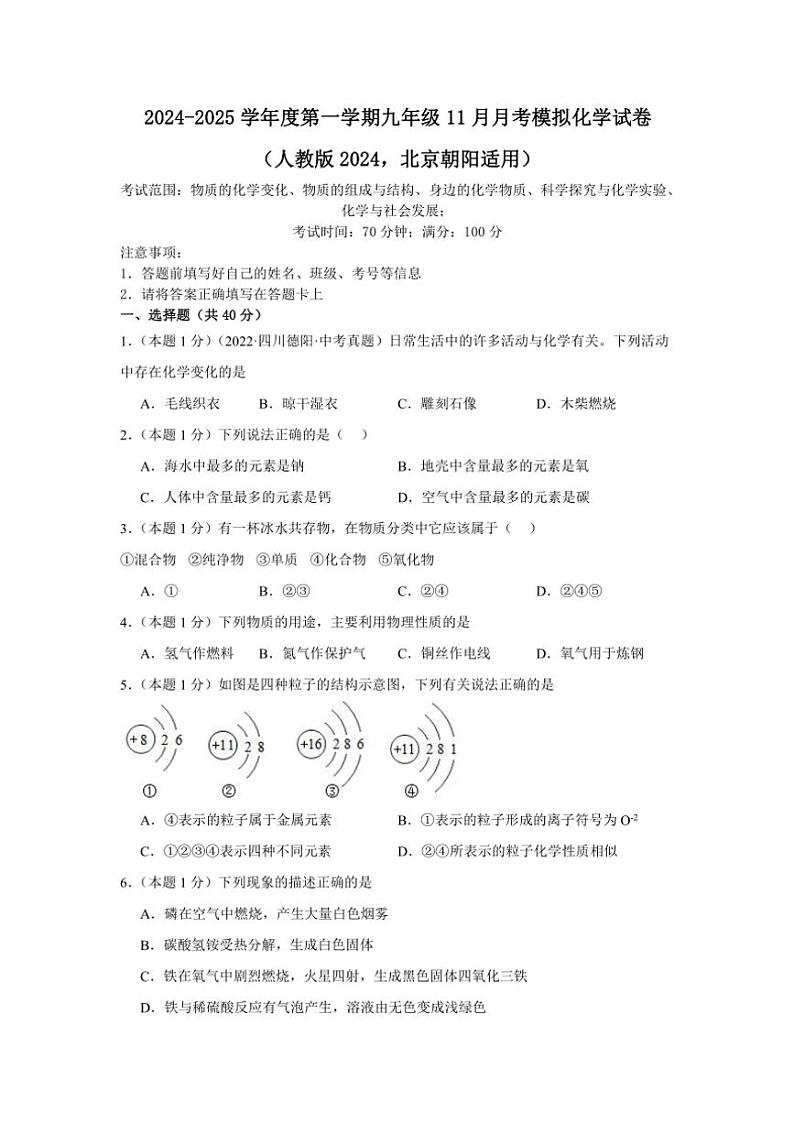 [化学]北京市朝阳区2024～2025学年九年级上学期11月月考模拟考试试卷(有解析)第1页