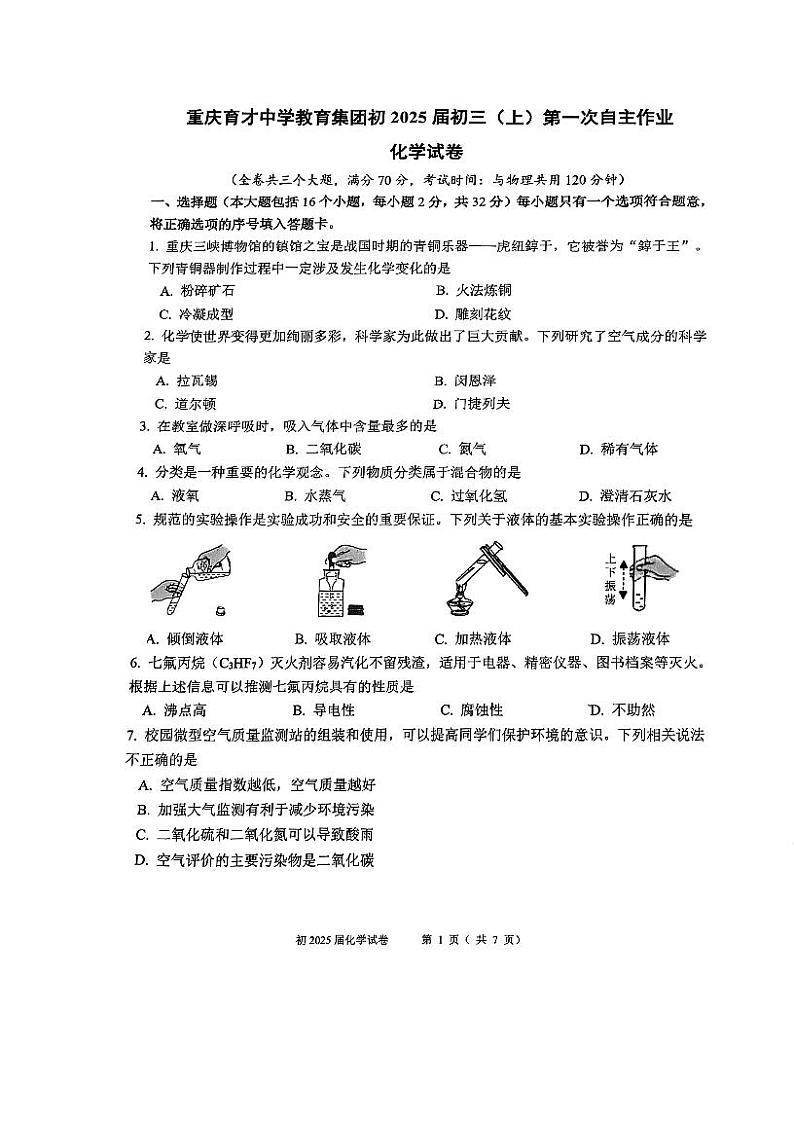 重庆市育才中学校教育集团2024-2025学年九年级上学期第一次月考化学试卷01