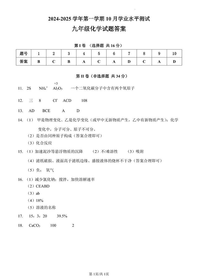 山东省济宁市嘉祥县马集镇中学2024--2025学年九年级上学期10月学业水平测试化学试题01