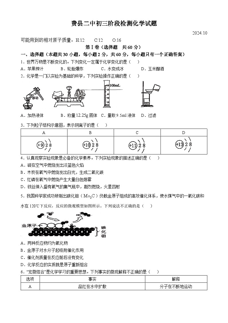 山东省临沂市费县第二中学2024-2025学年九年级上学期10月阶段检测化学试题(无答案)第1页